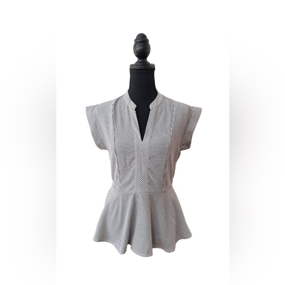 Monteau Tops - Monteau Charcoal Gray and White Striped Blouse with an Elastic Waistband Medium